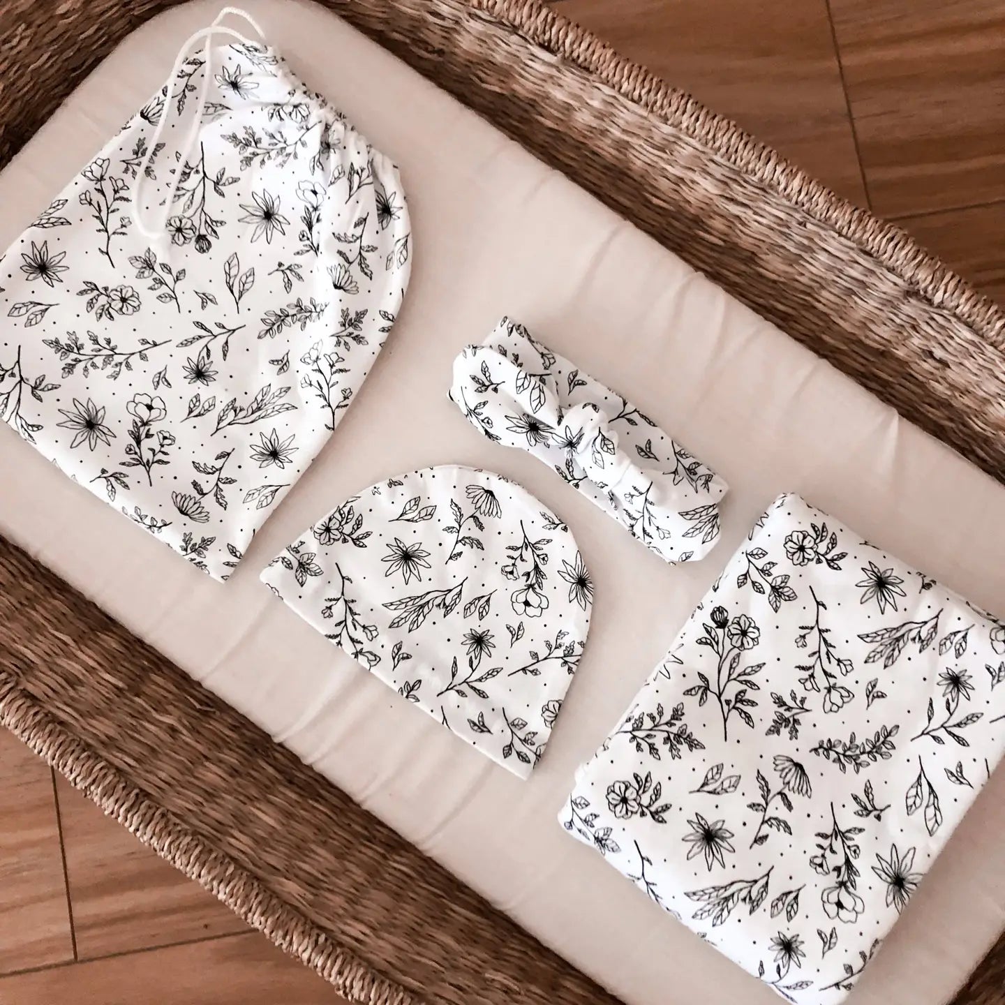 Calla Polka Dot Floral Swaddle Set (Beanie, Head Wrap and Swaddle)