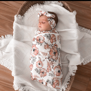 Blushing Bloom Floral Swaddle 3 Piece Set (Beanie, Head Wrap and Swaddle)